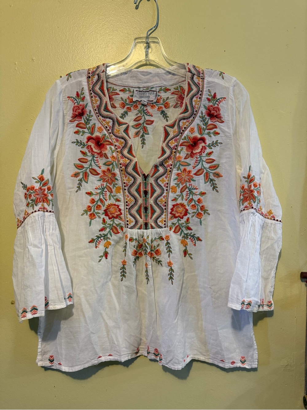 Johnny Was Alise Embroidered Flare-Sleeve Boho Blouse